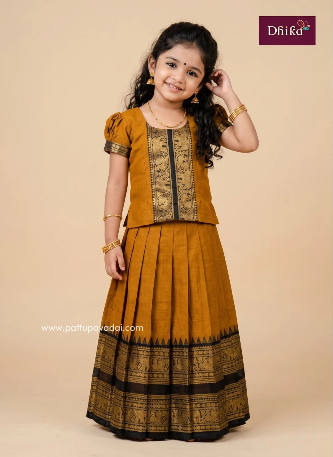 pure cotton mustard and black pavadai sattai for girls
