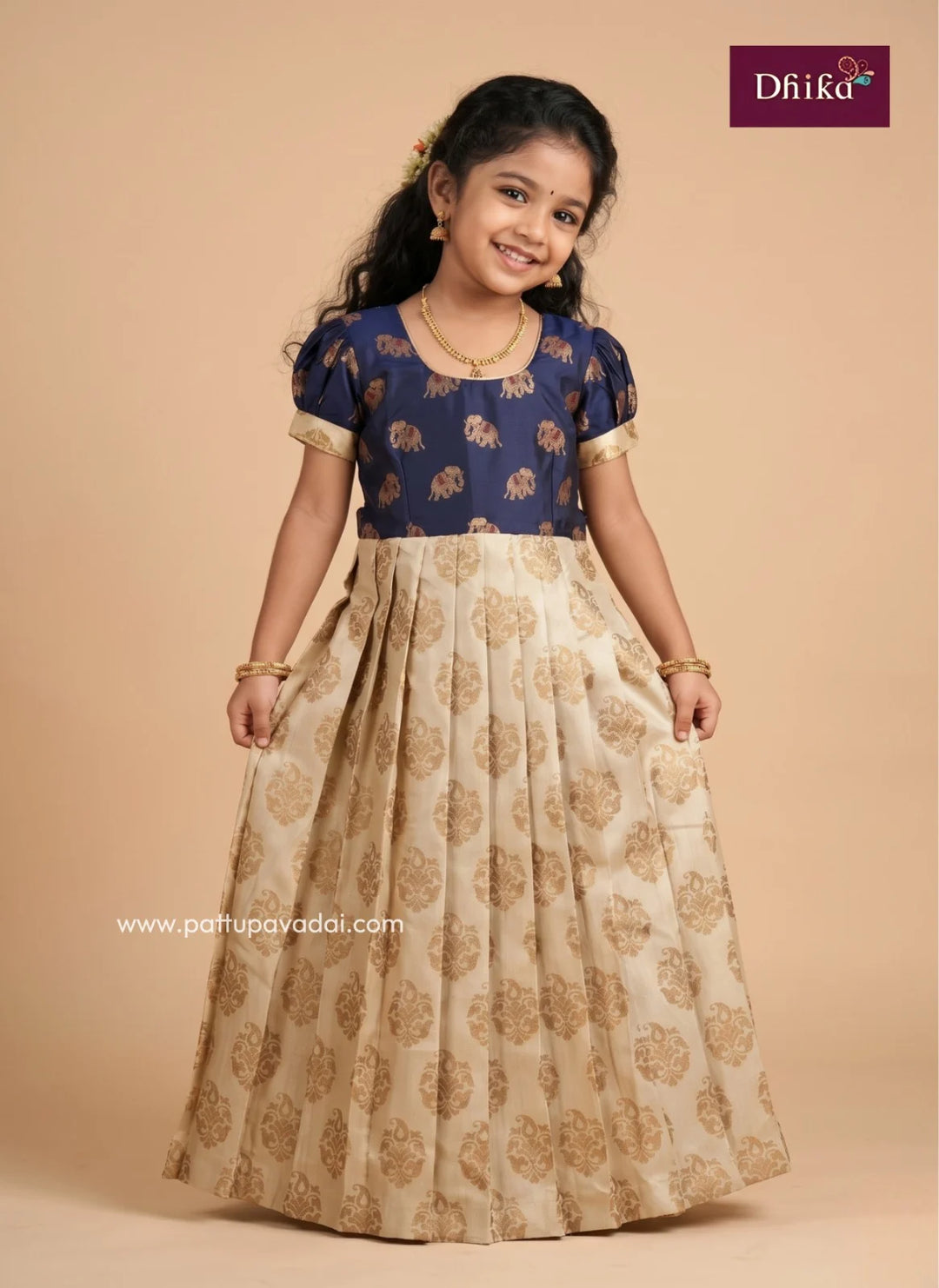 premium navy blue and gold brocade floor length gown for girls