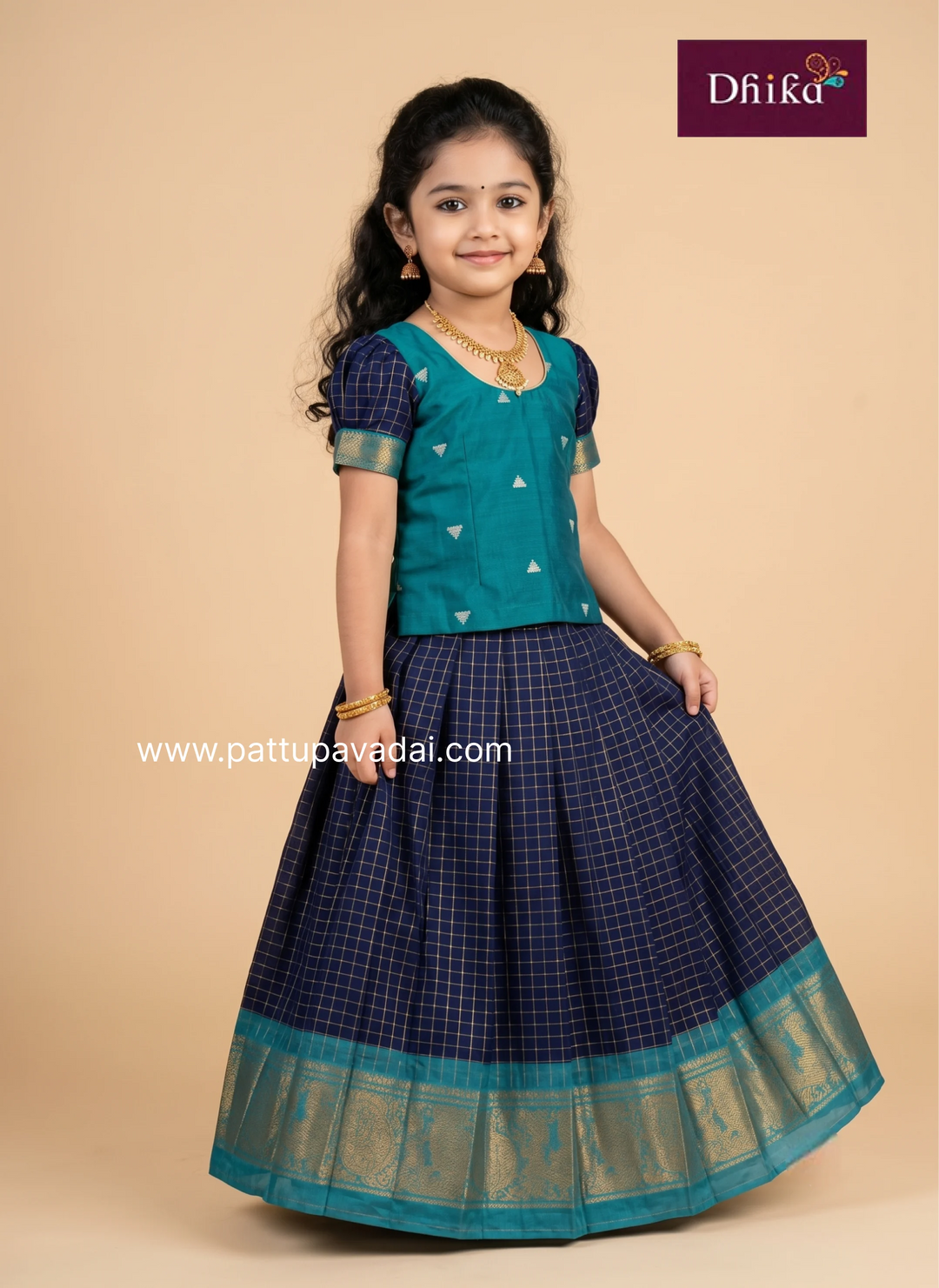 Girls navy blue and Rama green checked cotton pattu pavadai