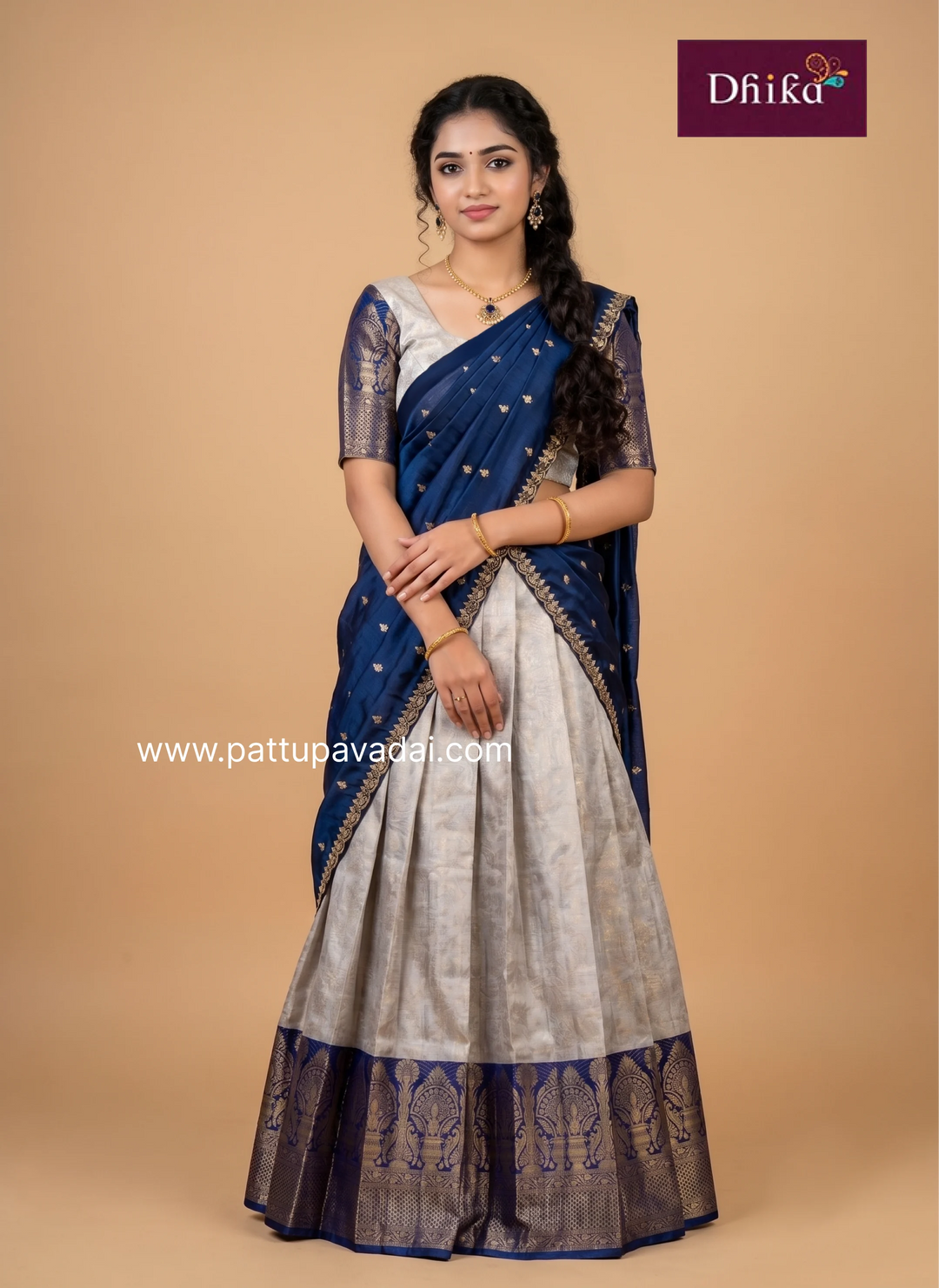 Girls navy blue semi silk half saree with embroidered dupatta