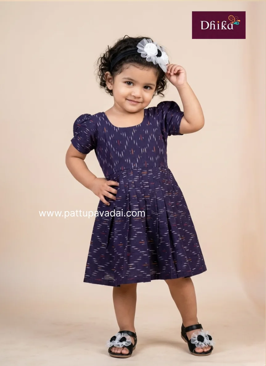 navy blue ikkat cotton frock for girls traditional printed kids casual dress