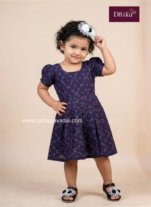 navy blue ikkat cotton frock for girls traditional printed kids casual dress