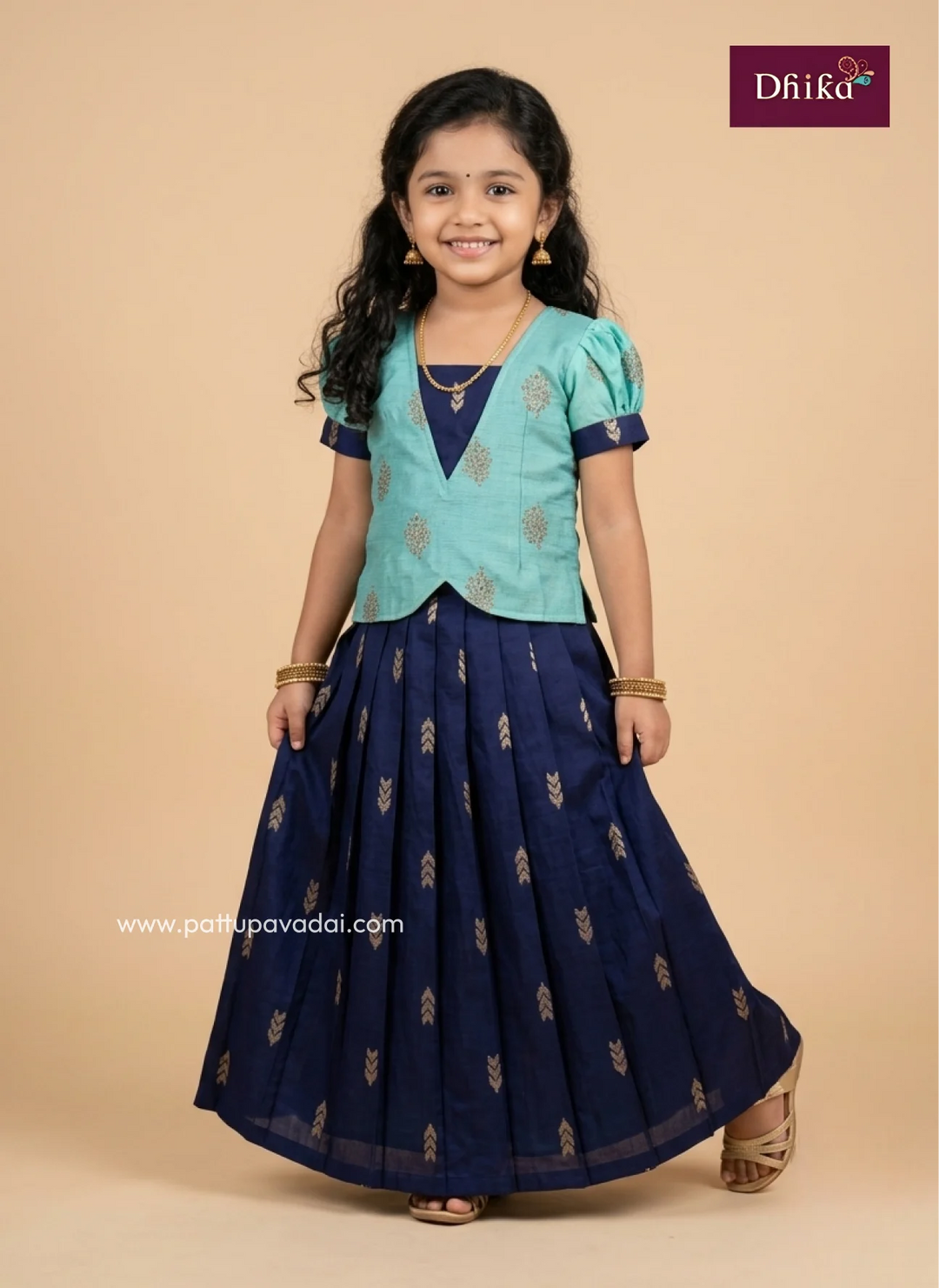 Girls navy blue and sea green raw silk pattu pavadai