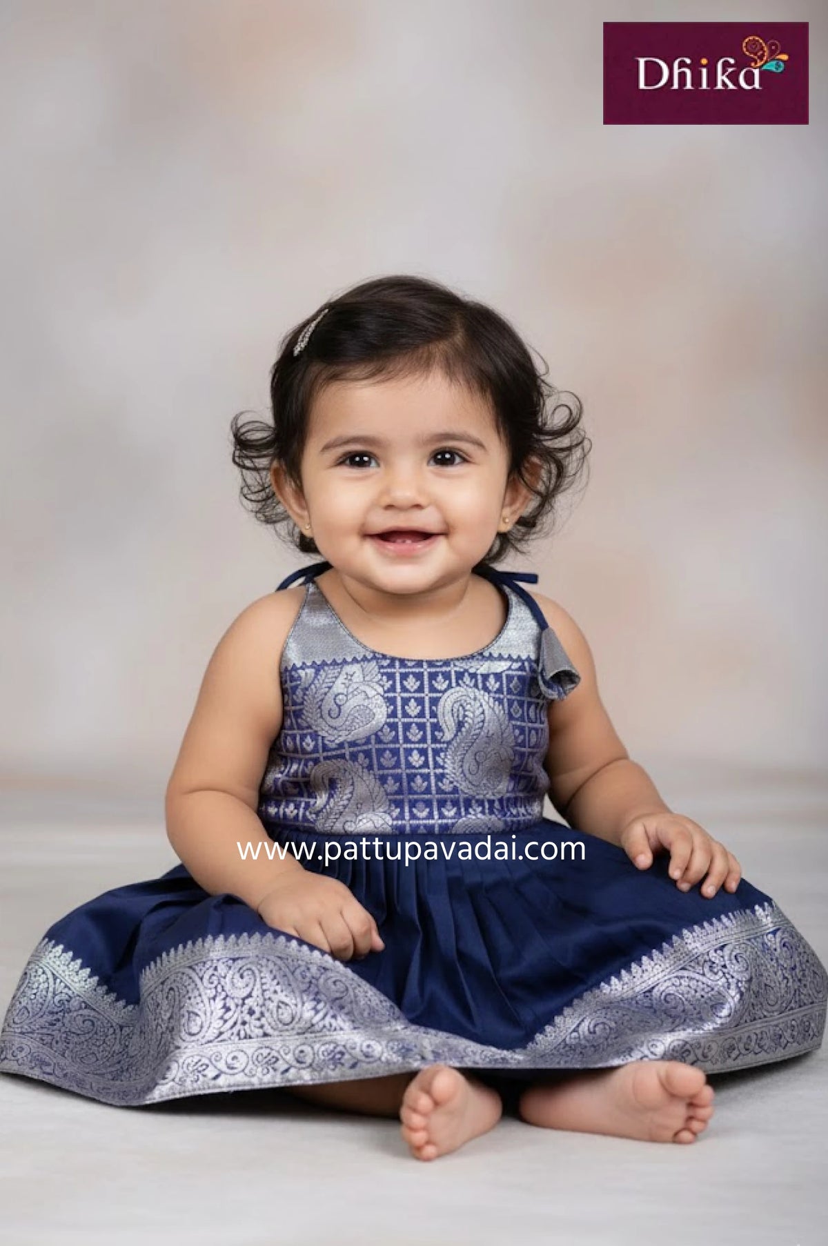 navy blue and silver silk frock for kids elegant party wear
