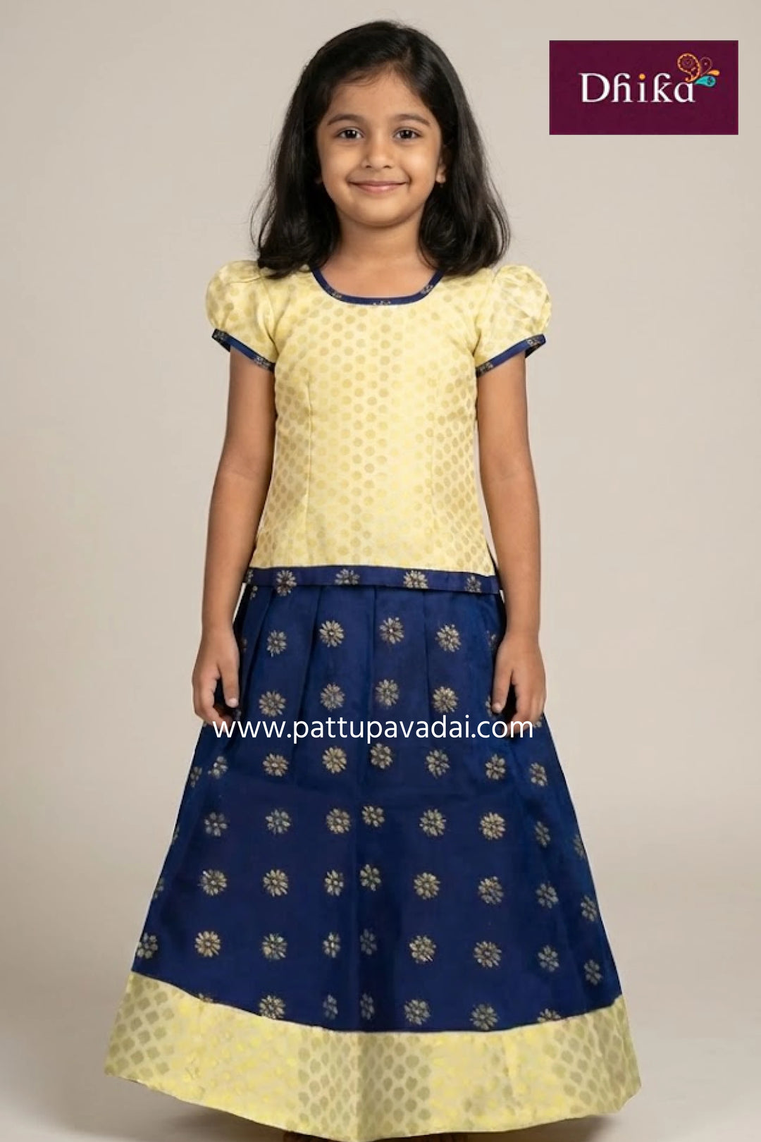 navy blue and cream fancy langa with floral cotton skirt and jacquard puff sleeve top for kids