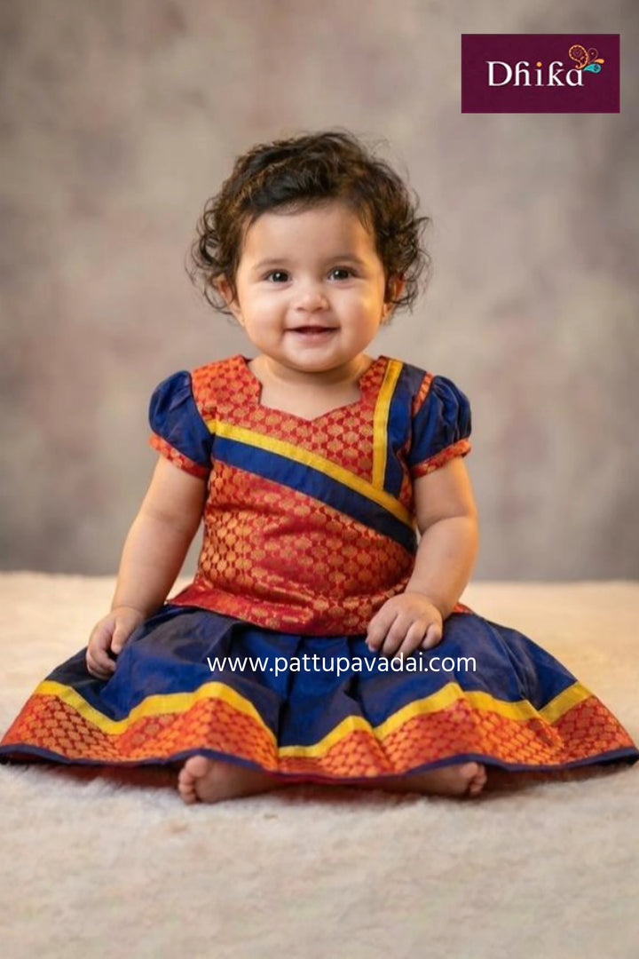 navy blue and magenta brocade langa with frill top and cotton lining for kids