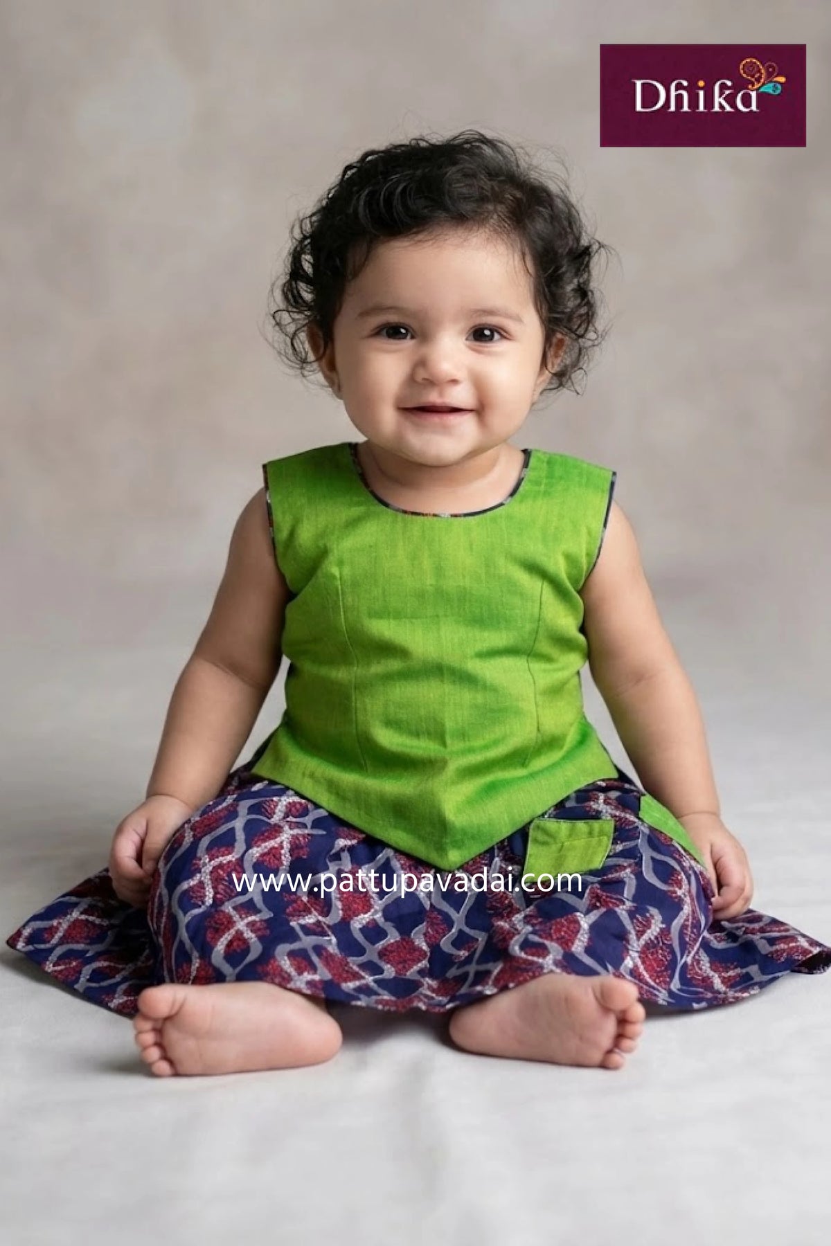 navy blue and parrot green cotton pavadai set kids traditional ethnic wear available online at pattupavadai.com