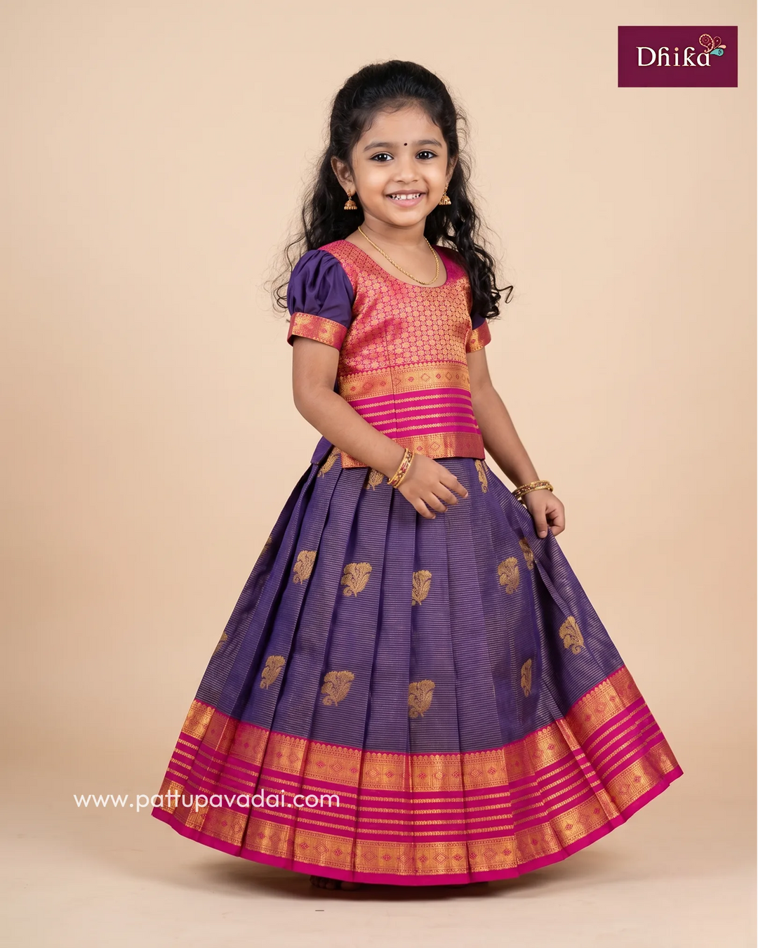 navy blue and pink semi kanchipuram pattu pavadai for girls