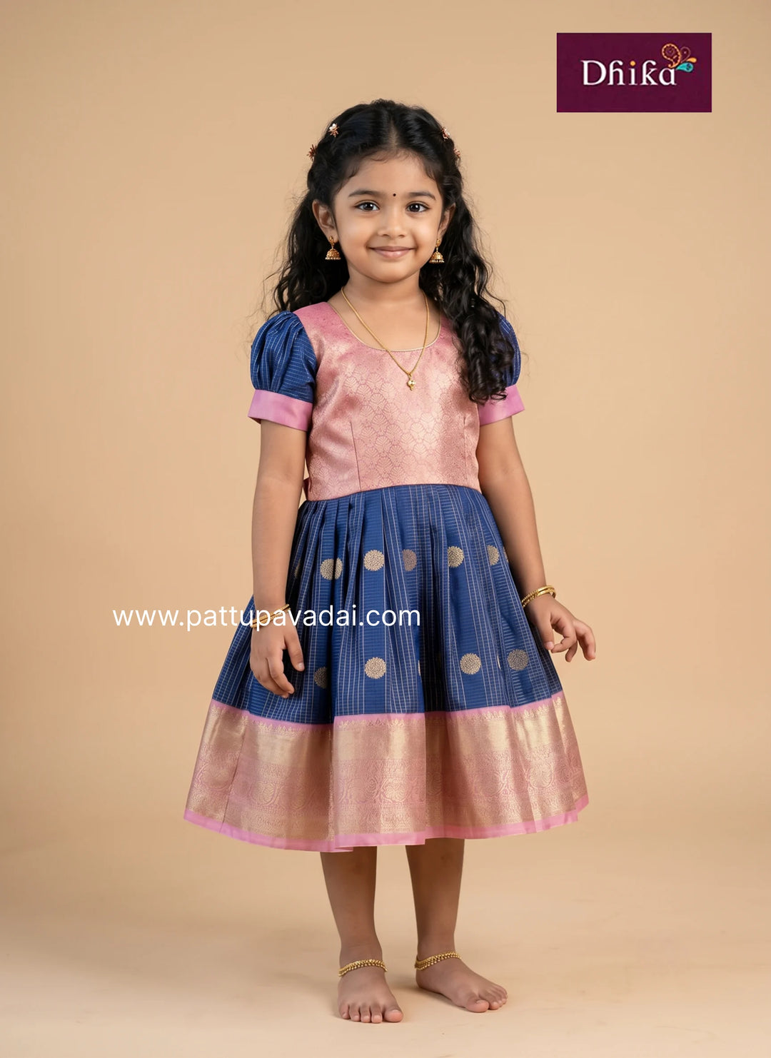 Kids navy and baby pink Semi Kanchi silk traditional frock
