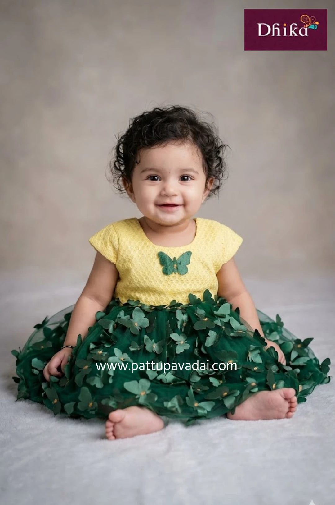 green and cream netted frock for kids elegant festive wear