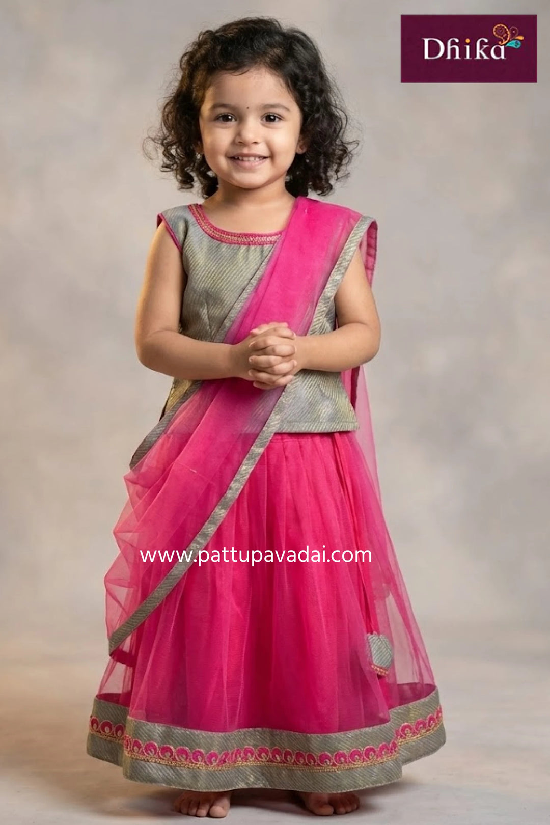 kids netted pink langa with grey top fancy skirt set