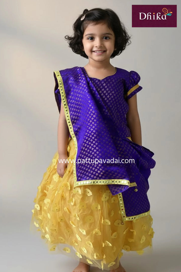 Netted Yellow and Violet Lehenga – Traditional Flared Lehenga Set for Kids