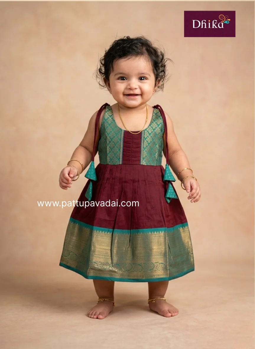 newborn maroon green silk frock for babies festive party wear baby dress