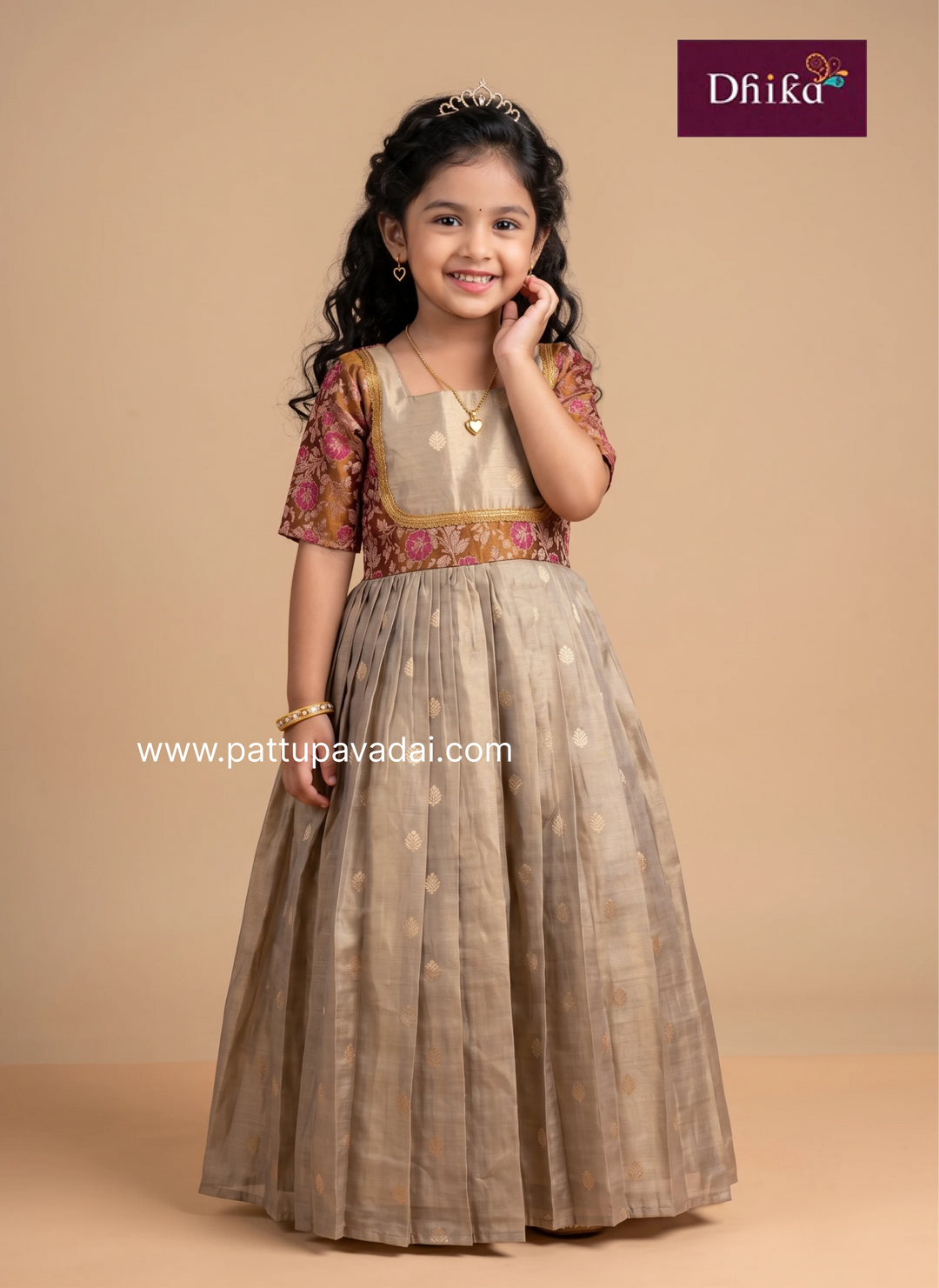 Girls orange and grey Banarasi silk long gown for festive occasions