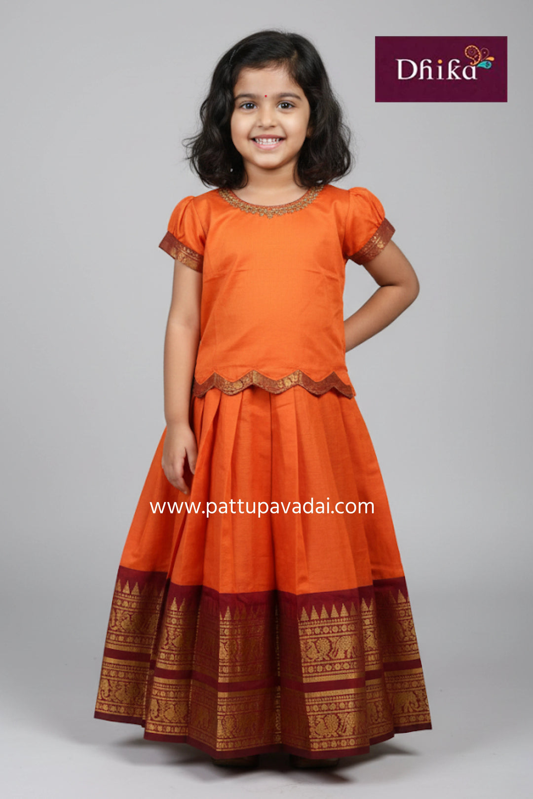 Orange & Maroon Kanchi Cotton Pavadai for Kids – Traditional Wear