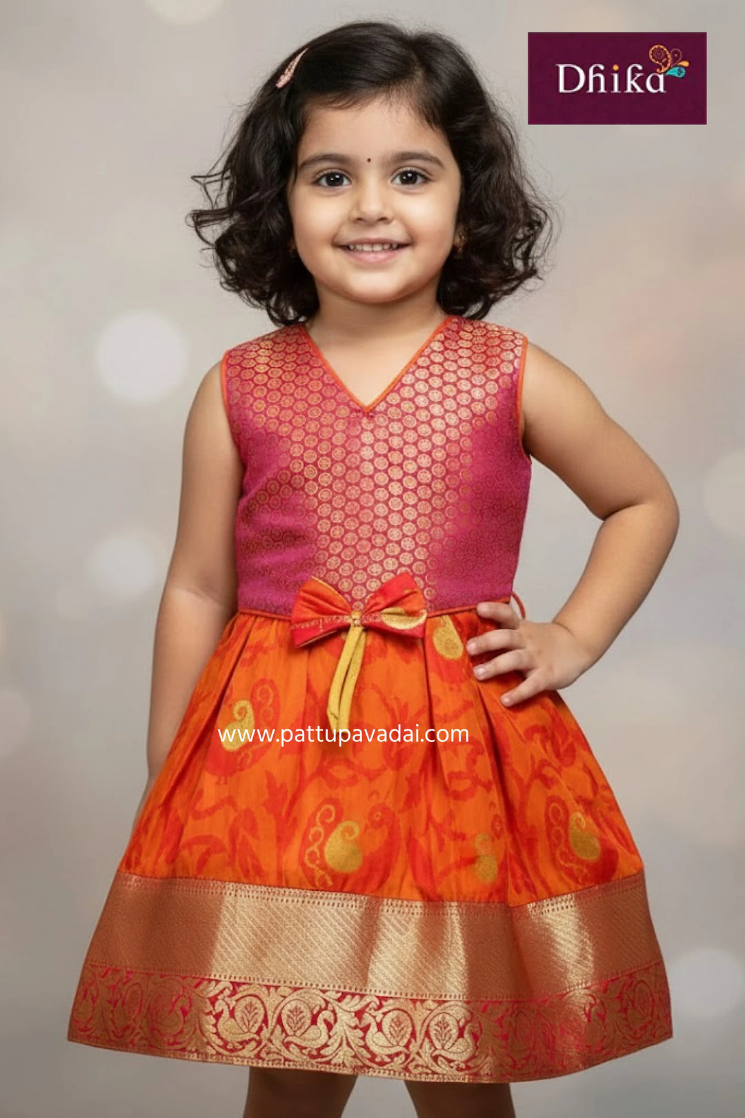 Orange_PinkSilkFrockforGirls_KidsPartyWearDress