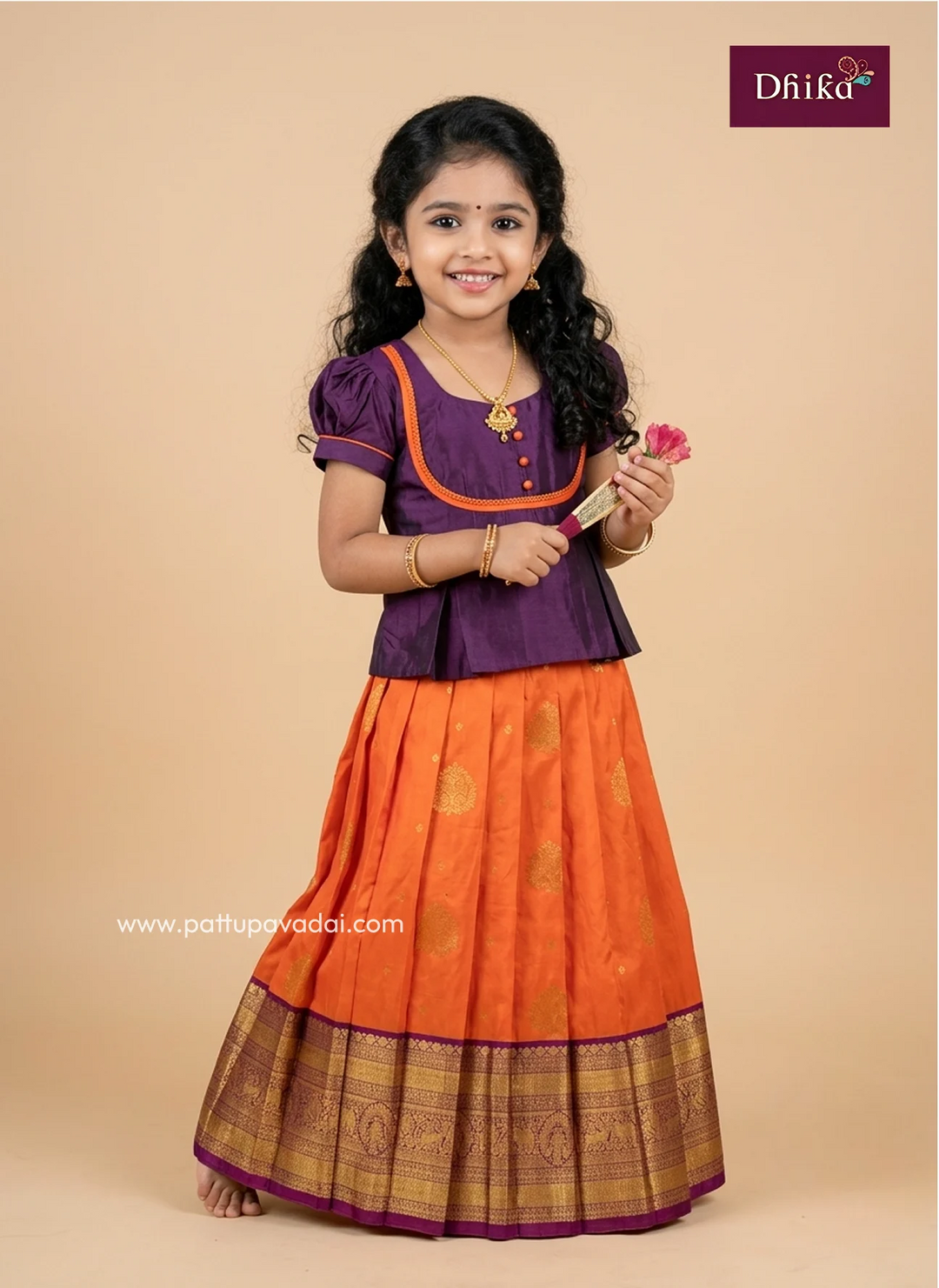 orange and burgundy semi kanchi pattupavadai for girls