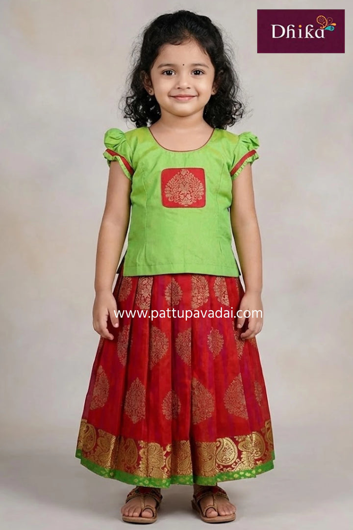 Young girl wearing a green top and red skirt with gold patterns, standing against a plain background.