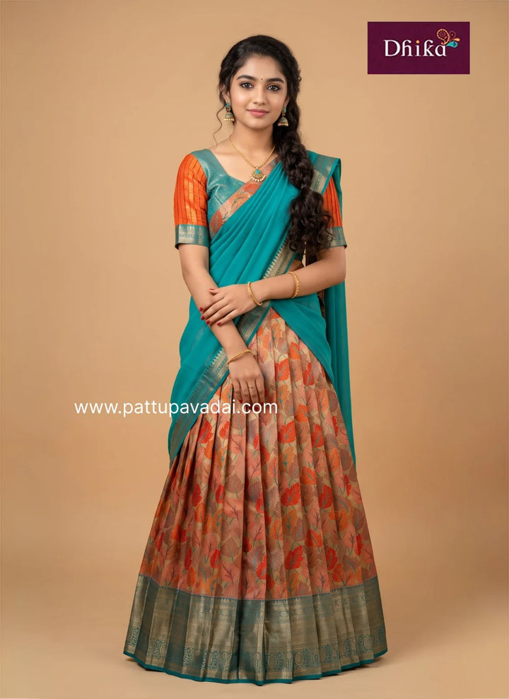 orange and rama blue semi kanchipuram half saree for girls