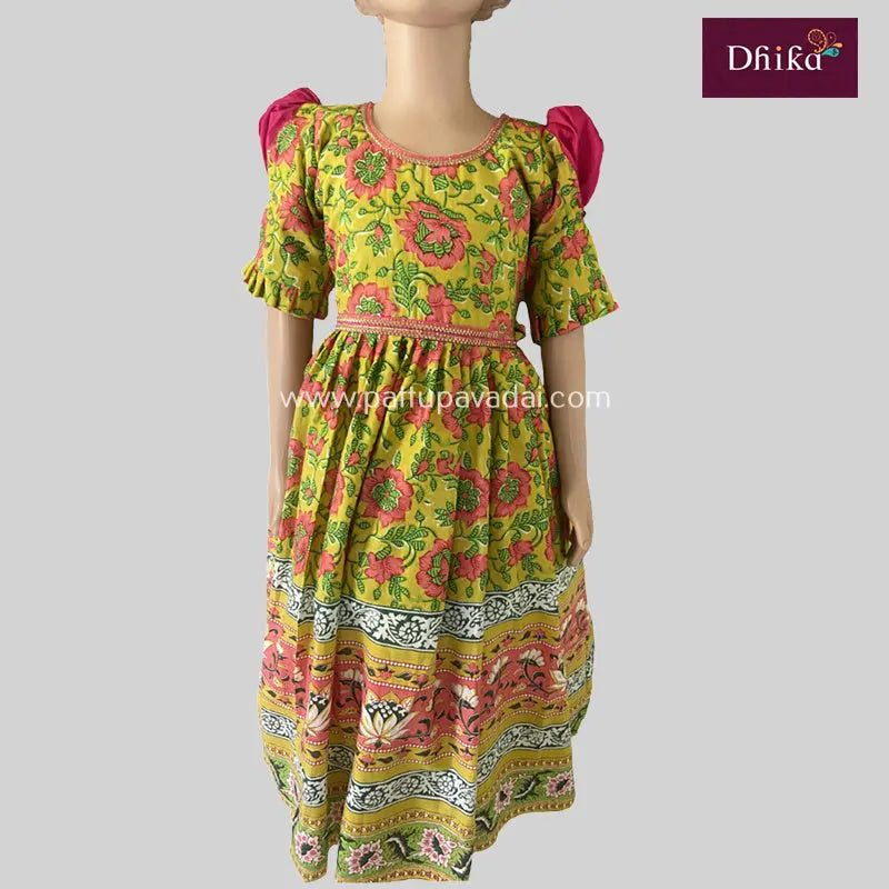 Pure Cotton Long Gown Puff Sleeves Yellow and Pink - Pattupavadai.com