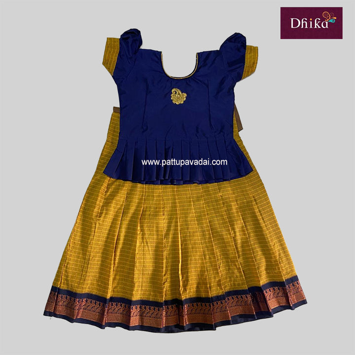 Kalyani Cotton Pavadai Sattai Golden and Navy Blue – Traditional Ethnic Skirt Set for Kids