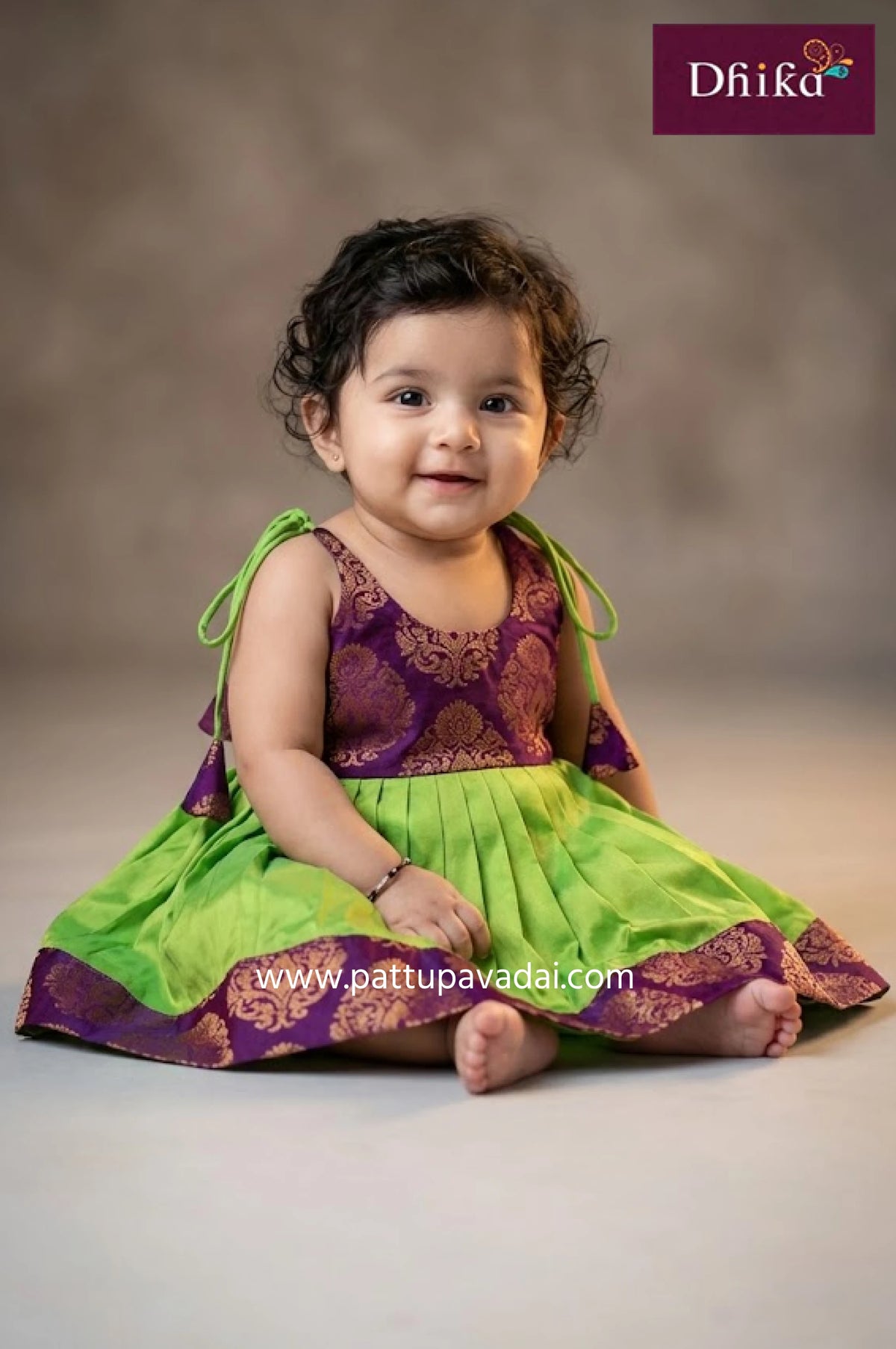 parrot green and magenta silk frock for kids festive party wear