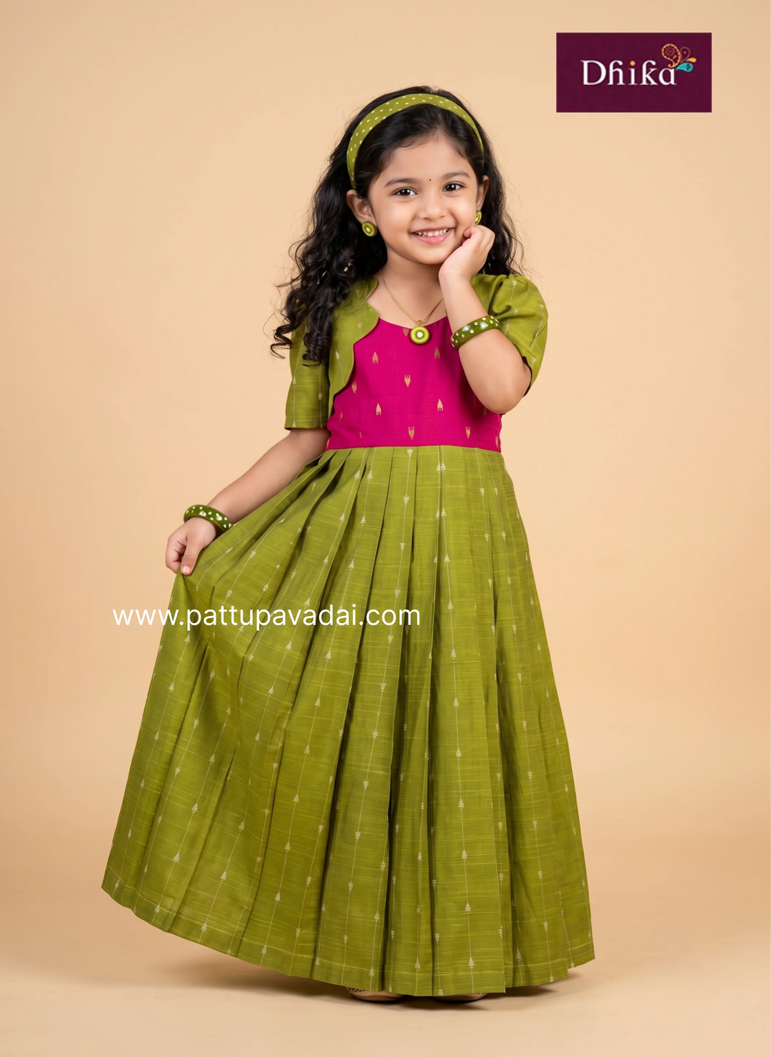 Girls parrot green and pink raw silk long gown for festive occasions