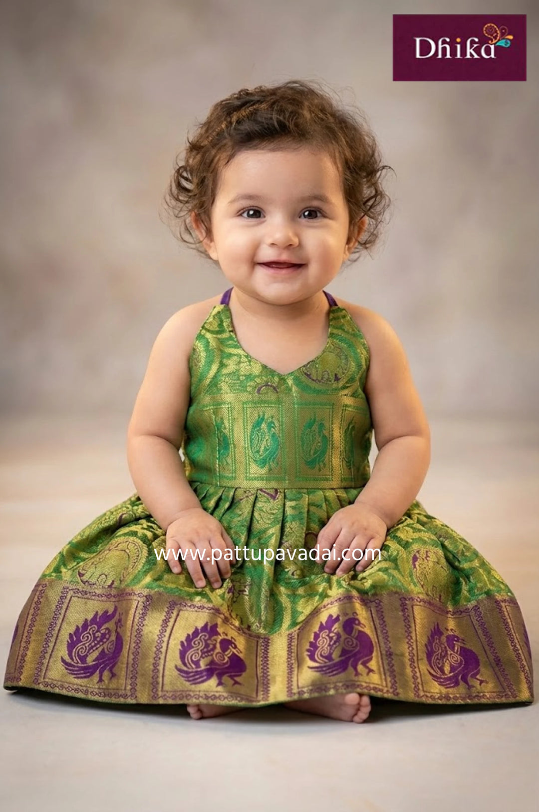 parrot green and violet silk frock for kids elegant festive wear