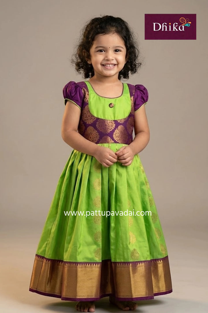 parrot green and magenta silk long gown for kids festive traditional long dress with zari detail and cotton lining