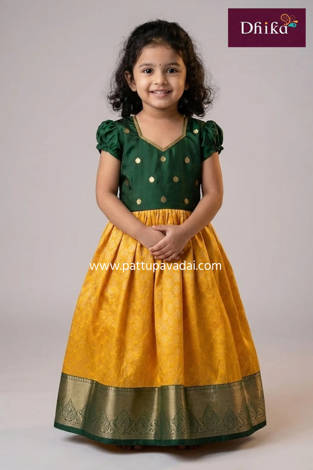kids yellow and green kanchi pattu gown traditional silk long dress with coin work and cotton inner lining