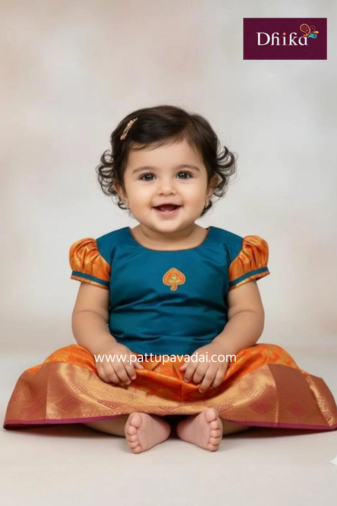 orange and peacock blue pattu pavadai set traditional pavadai sattai for kids available online at pattupavadai.com