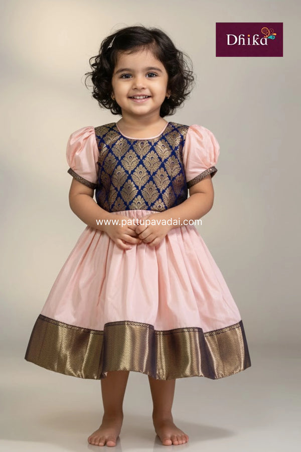 Peach_NavyBlueSilkFrockforGirls_KidsPartyWearDress