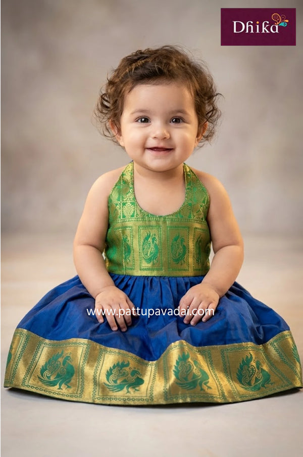 peacock blue and green silk frock for kids traditional festive wear