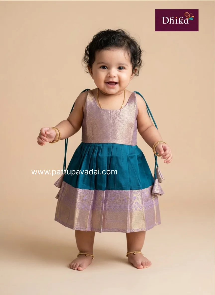 peacock blue lavender silk frock for girls kids festive party wear dress
