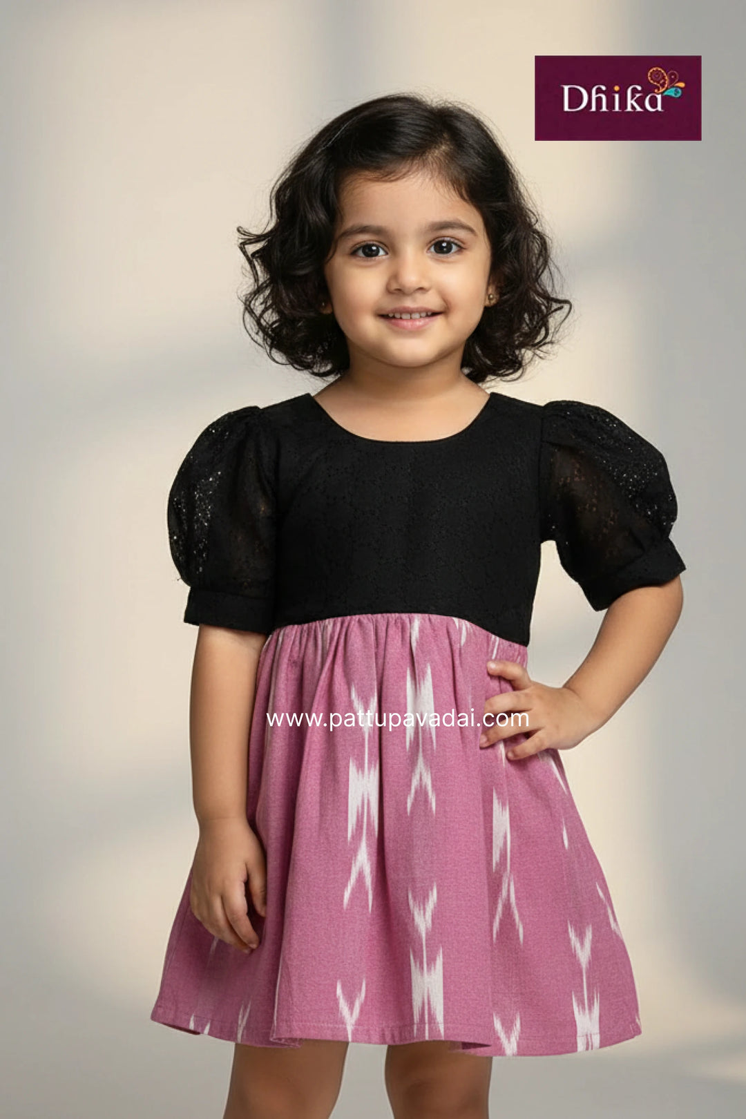 Pink and black Hakoba Ikkat frock for girls – soft cotton kids casual and festive wear dress