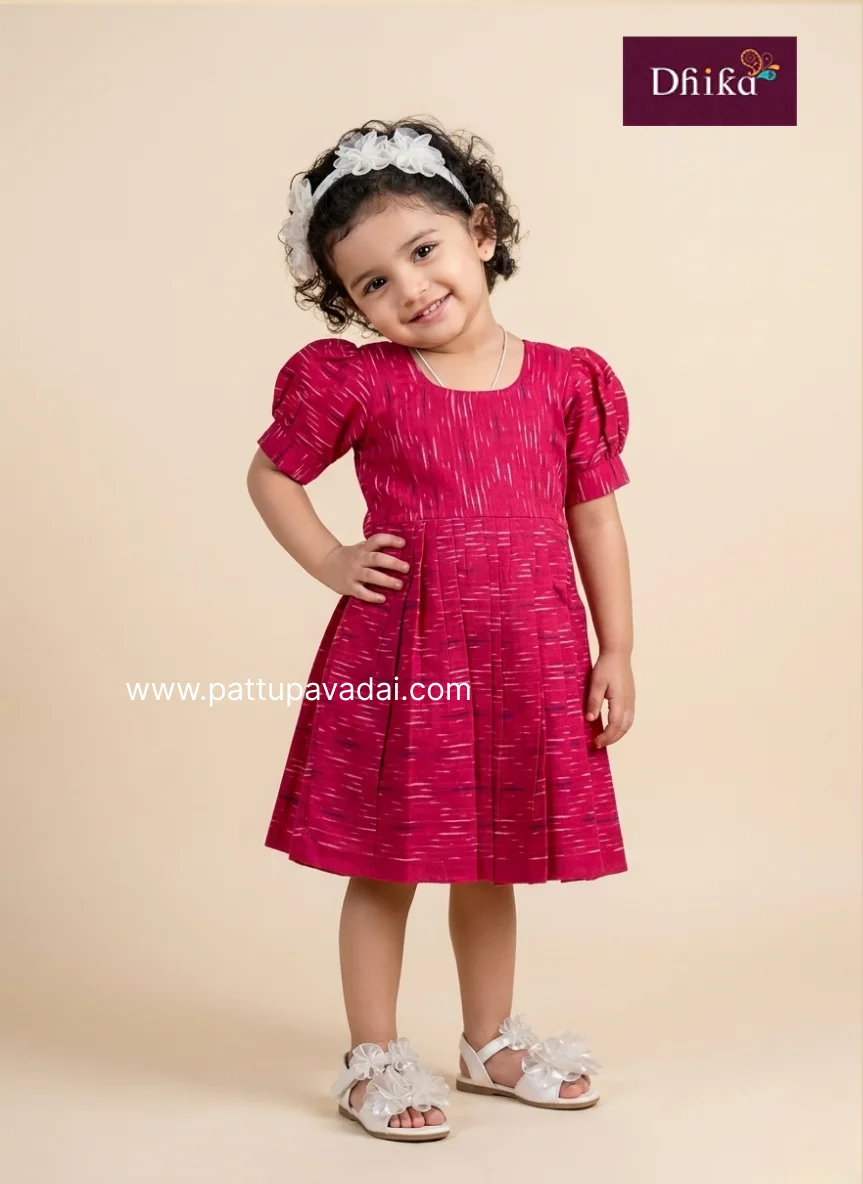 pink ikkat cotton frock for girls traditional printed kids casual dress