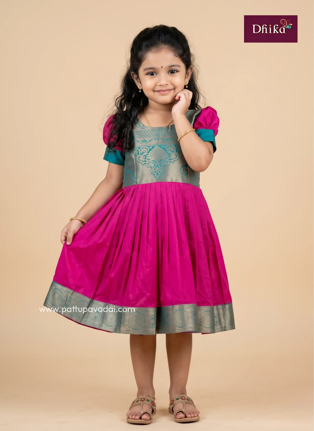 Girls pink and Rama green soft silk frock for festive occasions