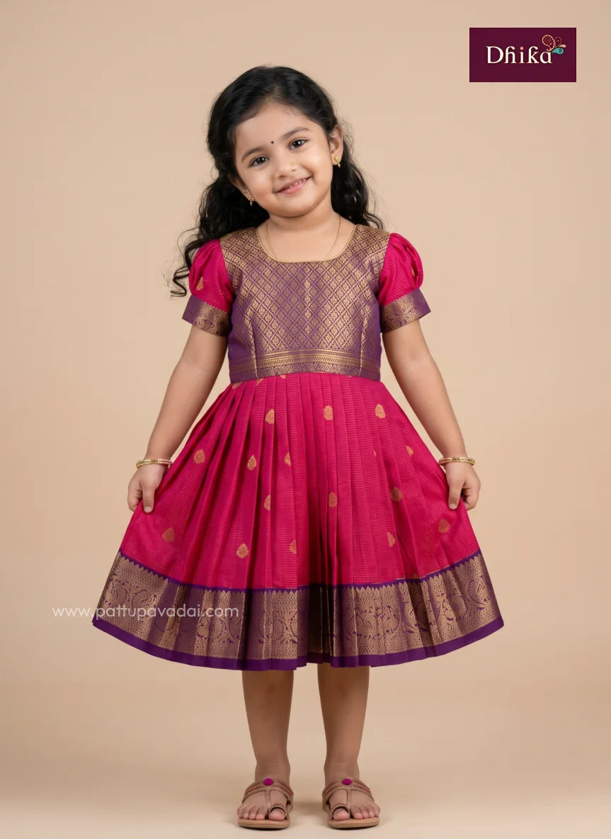 pink pure silk kids frock with purple colour detailing