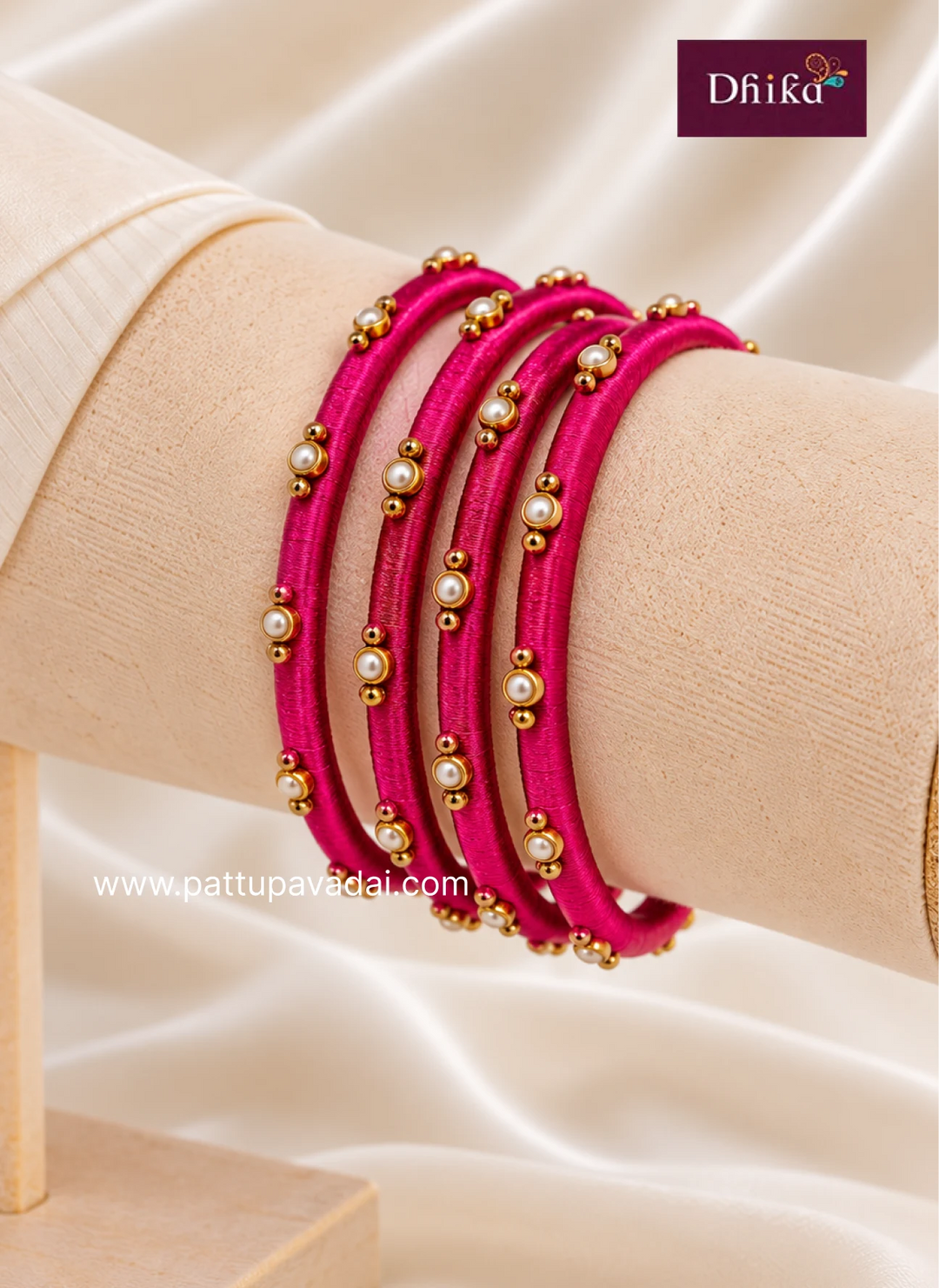 pink and golden ethnic silk thread bangles for festivals and temple visits