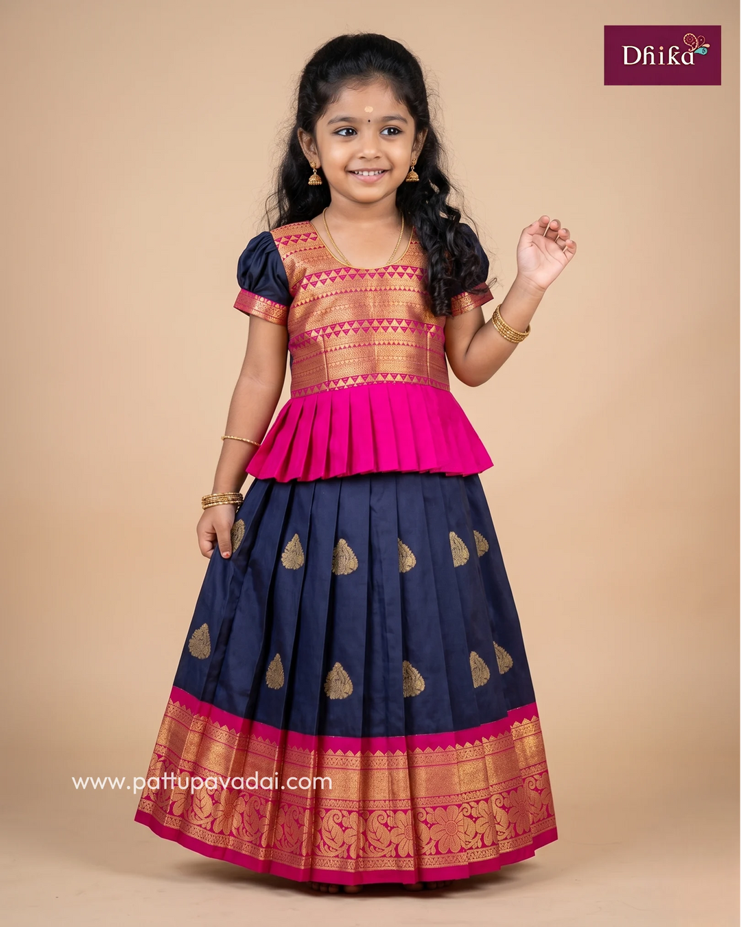pink and navy blue soft silk pattu pavadai for girls