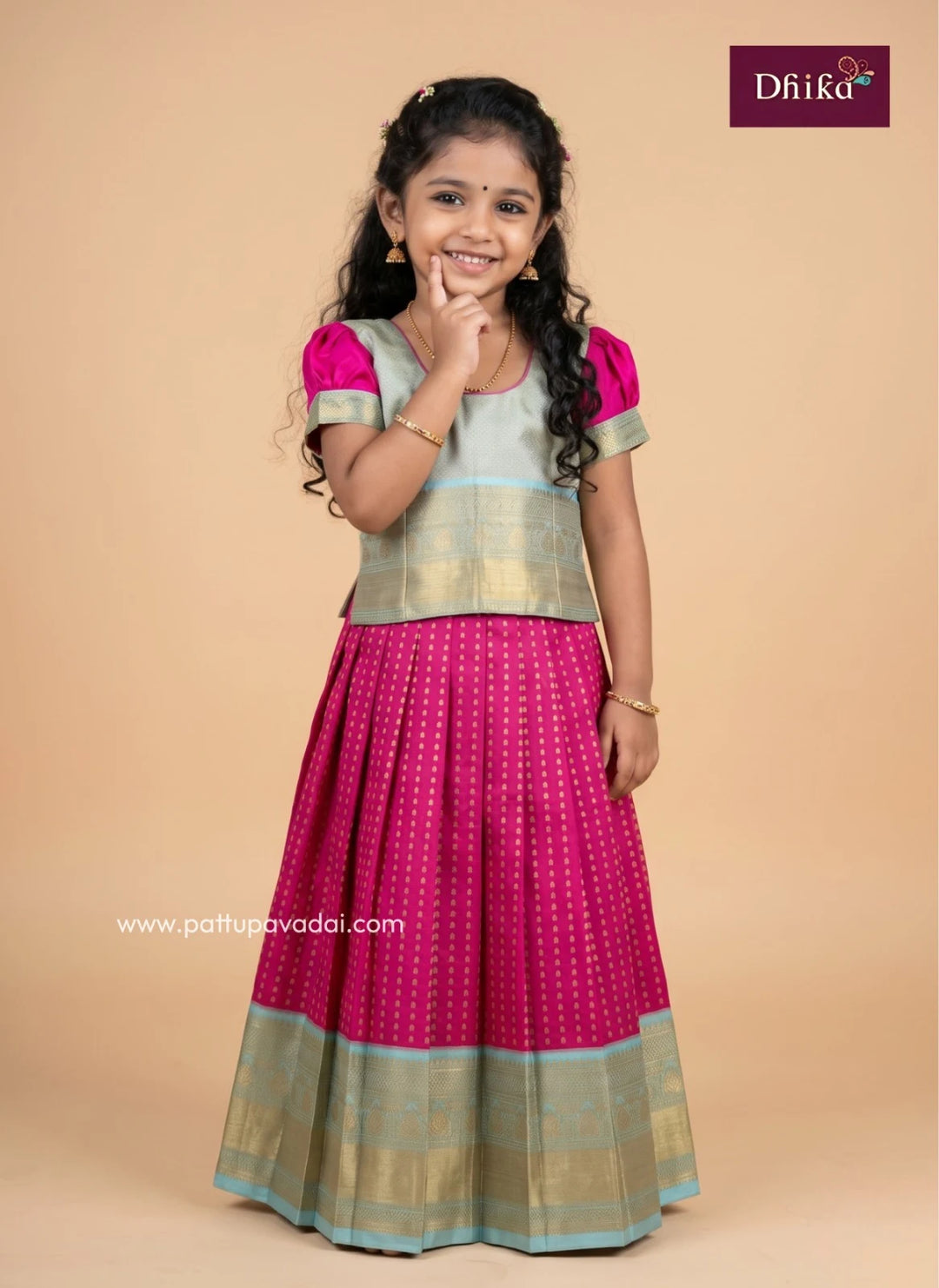 pink and pista green semi kanchipuram pattupavadai for girls