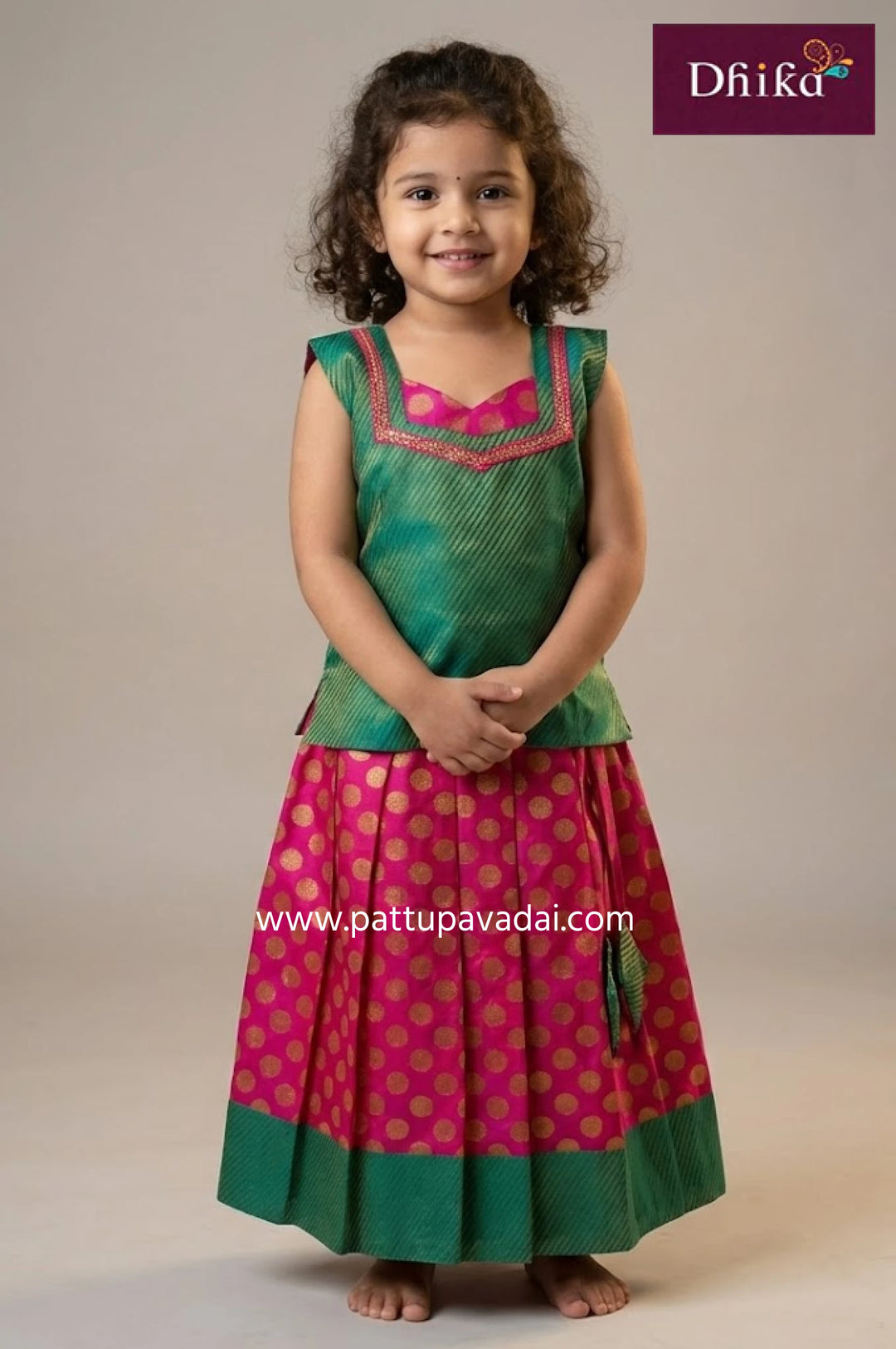 Pink and Rama Green Designer Chanderi Langa
