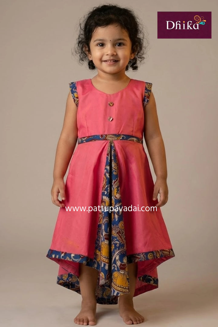 pink and blue cotton frock with kalamkari front design and cotton lining for kids