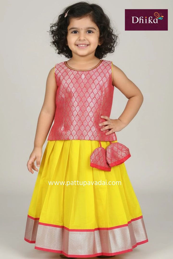 Art Silk Designer Pavadai Red and Yellow – Traditional Pattu Pavadai for Kids