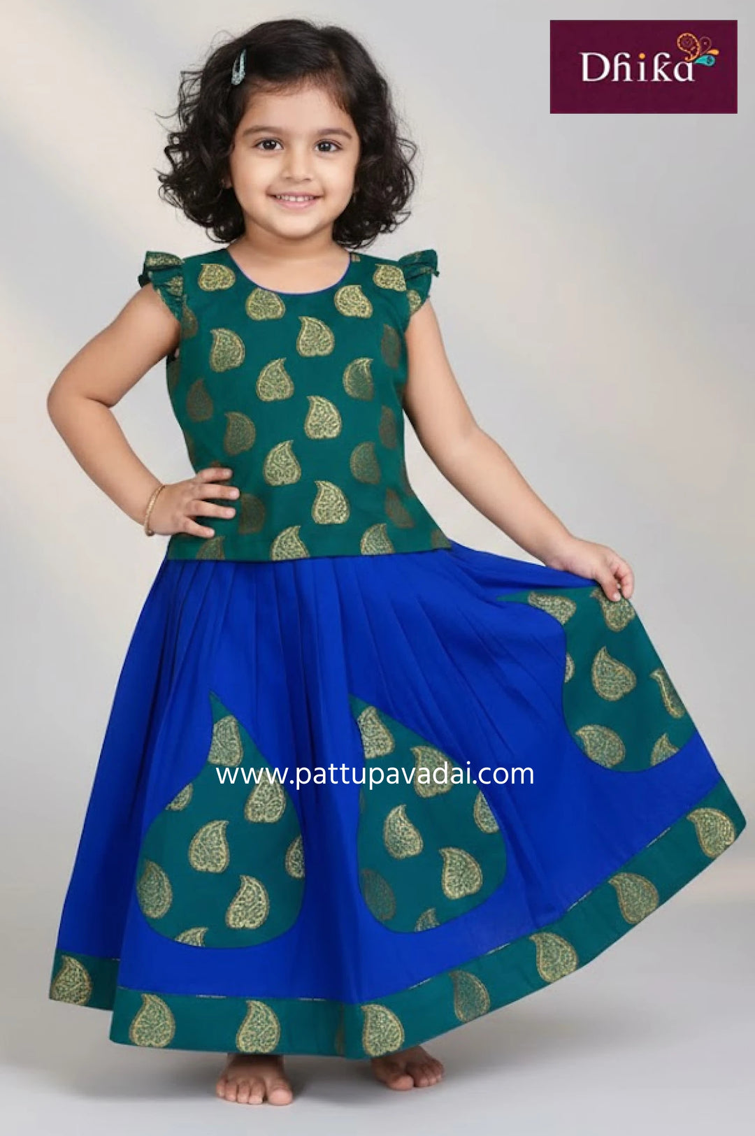 kids blue silk cotton skirt with ramar green banarasi top and mango buttas