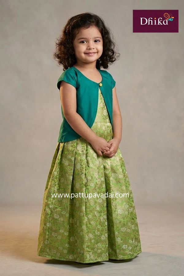 pista green banarasi silk long gown with shrugs elegant traditional party wear gown made from premium banarasi silk