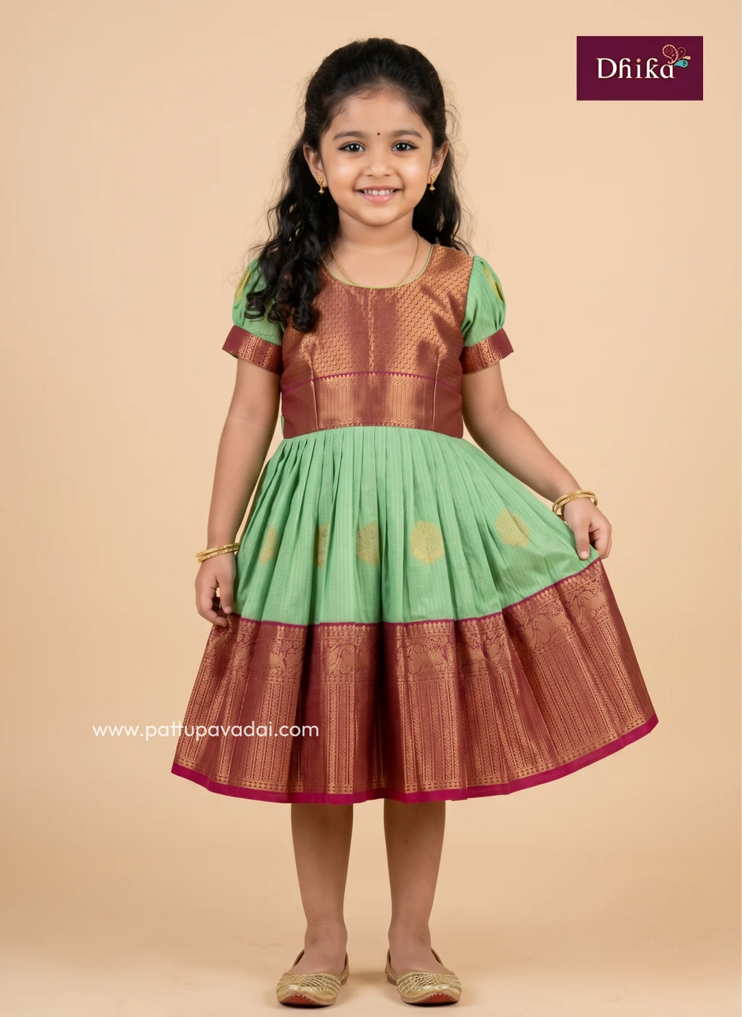 Kids pista green and red Semi Kanchipuram traditional frock