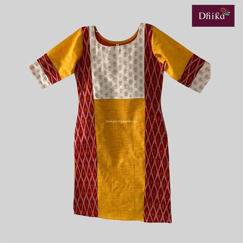 Yellow & Red Cotton Kurti – Printed Ikkat Design with Soft Cotton Lining