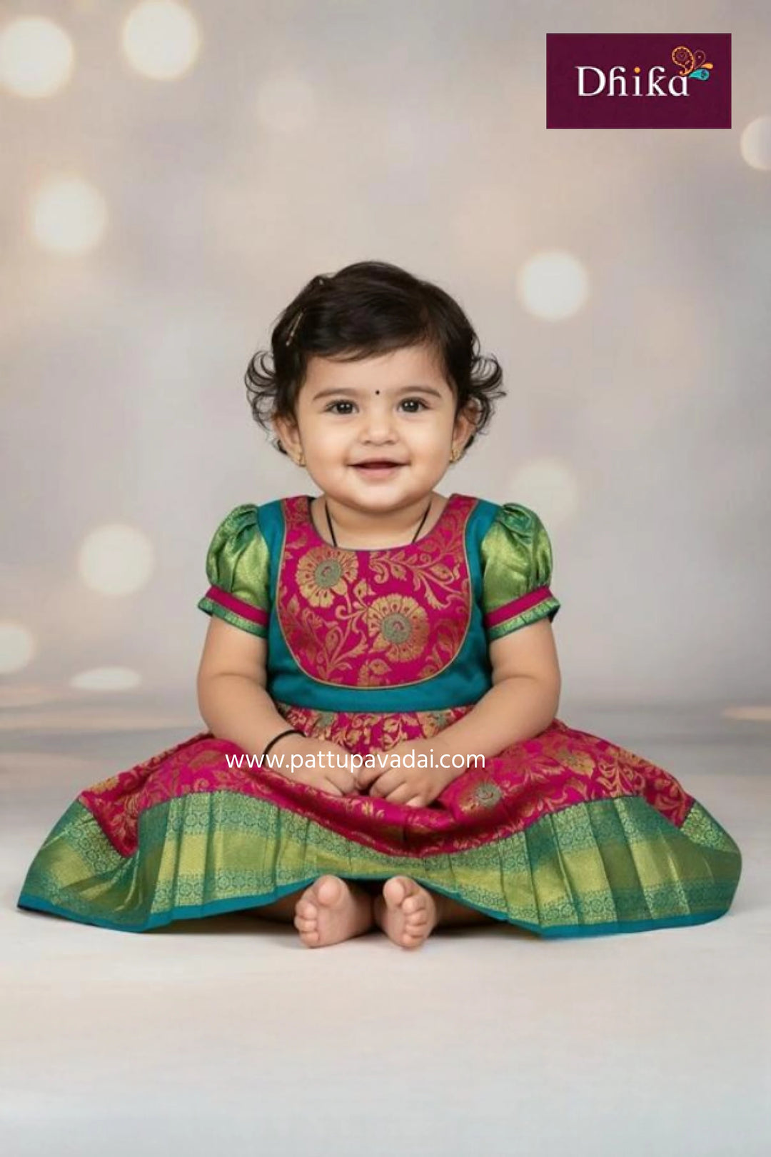 PureSilkFrock_Pink_RamaGreen_KanchipuramSilkPartyWearforBabyGirls