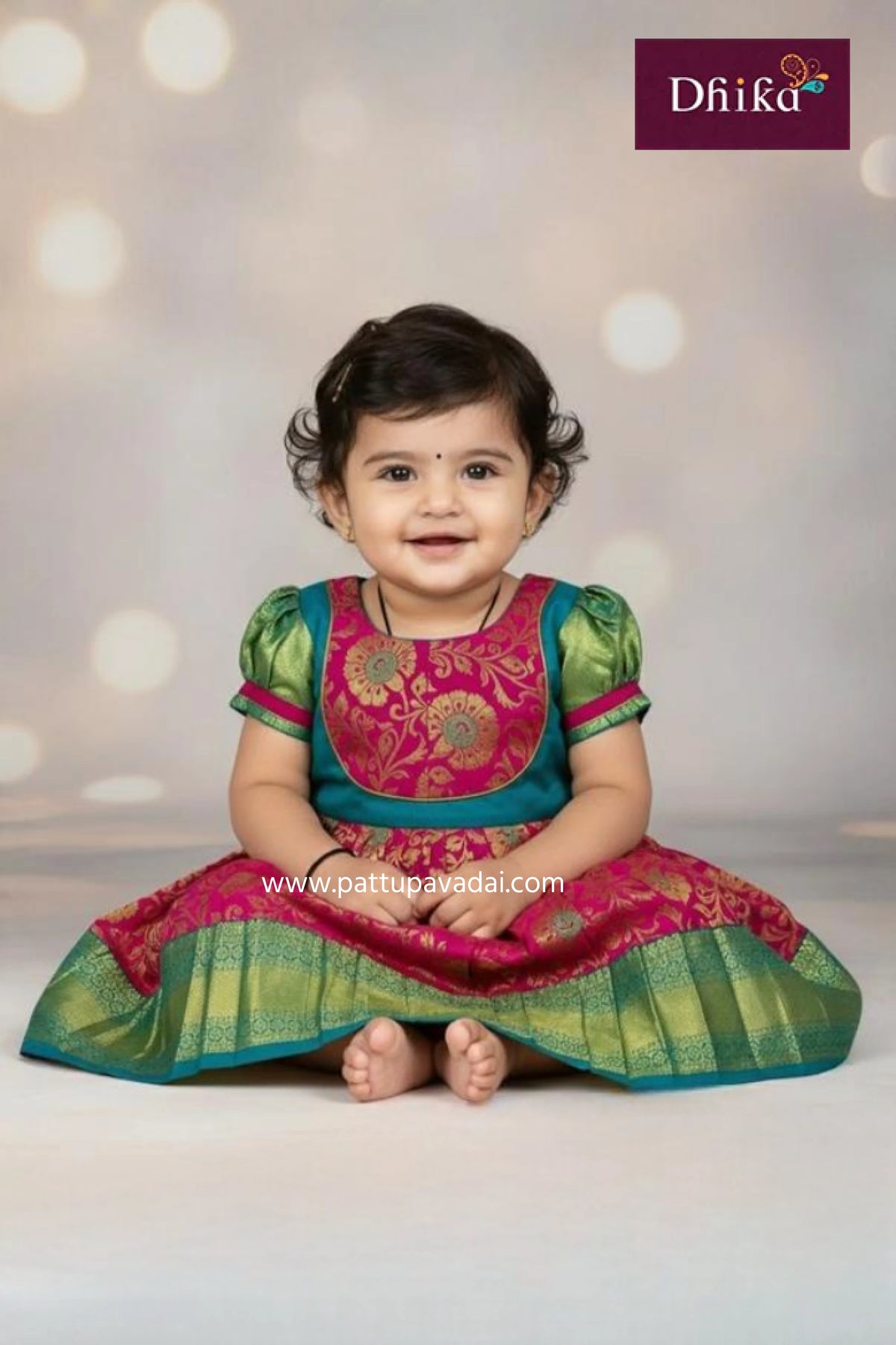 PureSilkFrock_Pink_RamaGreen_KanchipuramSilkPartyWearforBabyGirls